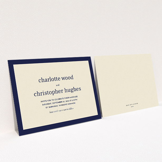 A personalised wedding invitation design named "Laydown simple". It is an A5 invite in a landscape orientation. "Laydown simple" is available as a flat invite, with tones of cream and navy blue.