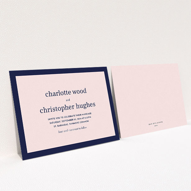 A personalised wedding invitation design titled "Laydown simple". It is an A5 invite in a landscape orientation. "Laydown simple" is available as a flat invite, with tones of navy blue and pink.