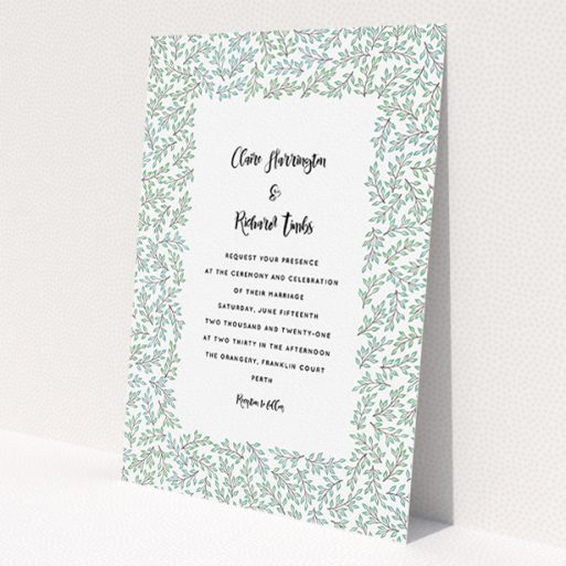 A personalised wedding invitation named 'Leaf background'. It is an A5 invite in a portrait orientation. 'Leaf background' is available as a flat invite, with tones of green and white.
