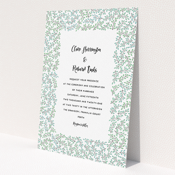 A personalised wedding invitation named 'Leaf background'. It is an A5 invite in a portrait orientation. 'Leaf background' is available as a flat invite, with tones of green and white.