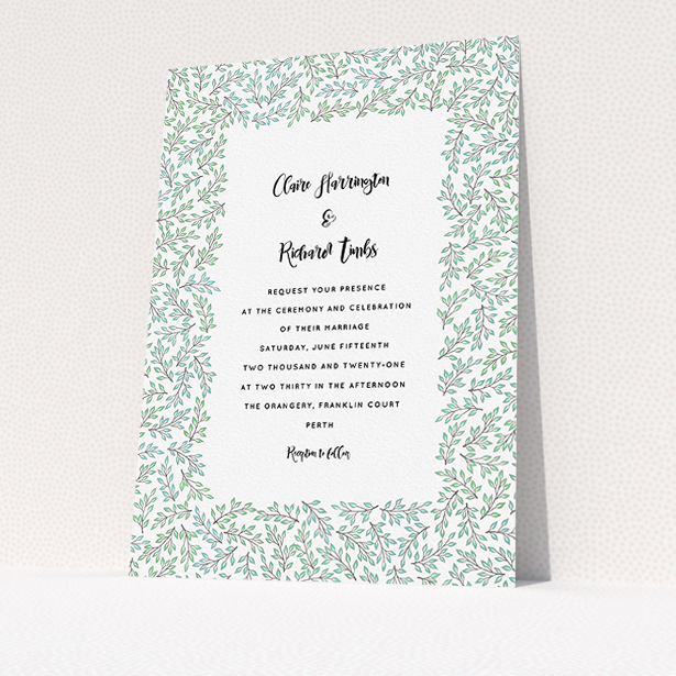A personalised wedding invitation named "Leaf background". It is an A5 invite in a portrait orientation. "Leaf background" is available as a flat invite, with tones of green and white.