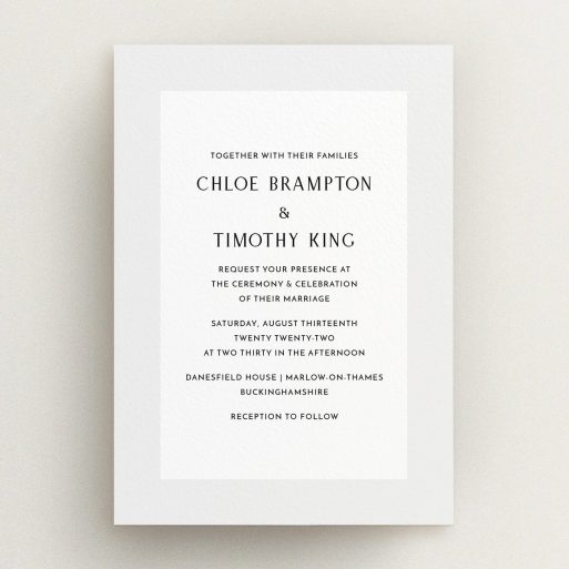 A personalised wedding invitation called "Light Grey". It is an A5 invite in a portrait orientation. "Light Grey" is available as a flat invite, with tones of grey and white.