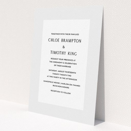 A personalised wedding invitation called 'Light Grey'. It is an A5 invite in a portrait orientation. 'Light Grey' is available as a flat invite, with tones of grey and white.