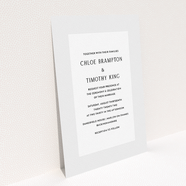 A personalised wedding invitation called "Light Grey". It is an A5 invite in a portrait orientation. "Light Grey" is available as a flat invite, with tones of grey and white.