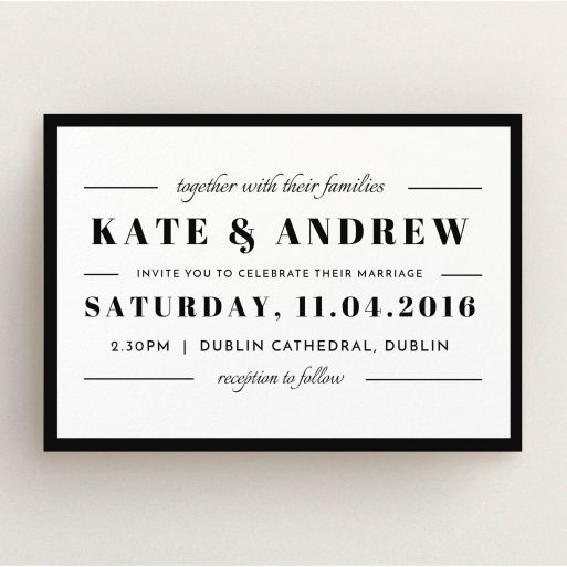 A personalised wedding invitation design called "Lines with a thick border". It is an A5 invite in a landscape orientation. "Lines with a thick border" is available as a flat invite, with tones of black and white.