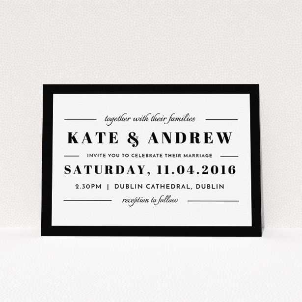 A personalised wedding invitation design called "Lines with a thick border". It is an A5 invite in a landscape orientation. "Lines with a thick border" is available as a flat invite, with tones of black and white.