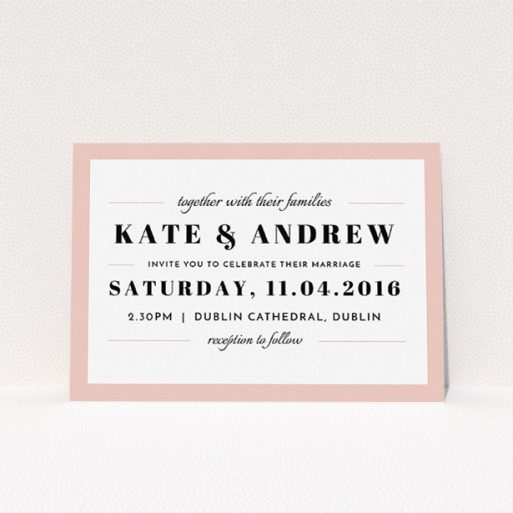 A personalised wedding invitation design titled "Lines with a thick border". It is an A5 invite in a landscape orientation. "Lines with a thick border" is available as a flat invite, with tones of pink and white.