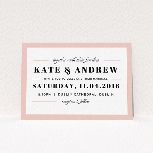 A personalised wedding invitation design titled "Lines with a thick border". It is an A5 invite in a landscape orientation. "Lines with a thick border" is available as a flat invite, with tones of pink and white.