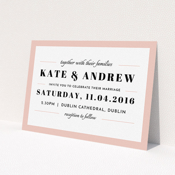 A personalised wedding invitation design titled "Lines with a thick border". It is an A5 invite in a landscape orientation. "Lines with a thick border" is available as a flat invite, with tones of pink and white.