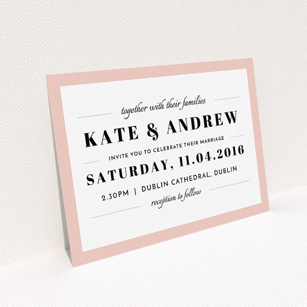 A personalised wedding invitation design titled "Lines with a thick border". It is an A5 invite in a landscape orientation. "Lines with a thick border" is available as a flat invite, with tones of pink and white.