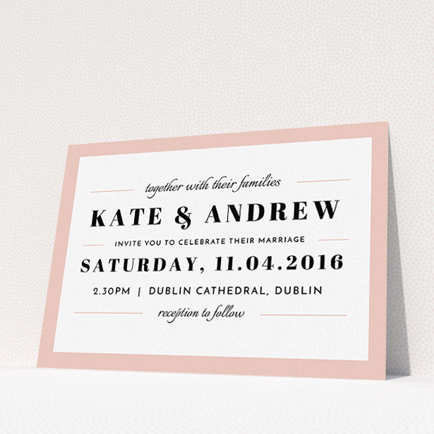 A personalised wedding invitation design titled "Lines with a thick border". It is an A5 invite in a landscape orientation. "Lines with a thick border" is available as a flat invite, with tones of pink and white.