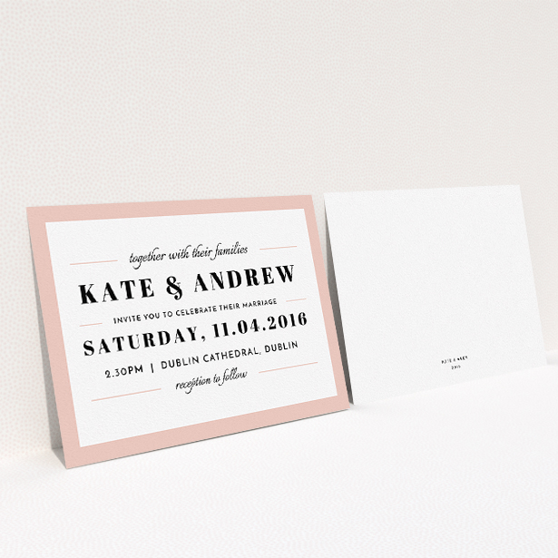 A personalised wedding invitation design titled "Lines with a thick border". It is an A5 invite in a landscape orientation. "Lines with a thick border" is available as a flat invite, with tones of pink and white.