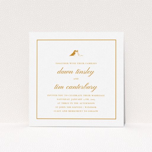 A personalised wedding invitation named "Lovebirds". It is a square (148mm x 148mm) invite in a square orientation. "Lovebirds" is available as a flat invite, with tones of white and orange.
