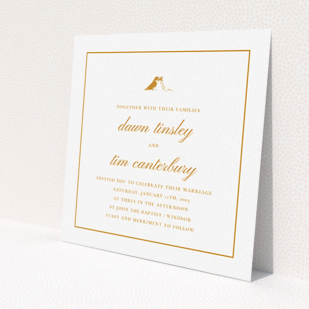 A personalised wedding invitation named "Lovebirds". It is a square (148mm x 148mm) invite in a square orientation. "Lovebirds" is available as a flat invite, with tones of white and orange.