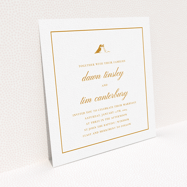 A personalised wedding invitation named "Lovebirds". It is a square (148mm x 148mm) invite in a square orientation. "Lovebirds" is available as a flat invite, with tones of white and orange.