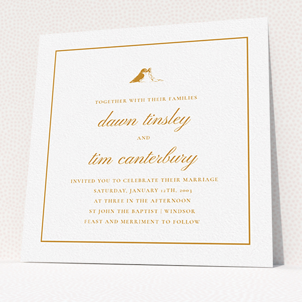 A personalised wedding invitation named "Lovebirds". It is a square (148mm x 148mm) invite in a square orientation. "Lovebirds" is available as a flat invite, with tones of white and orange.