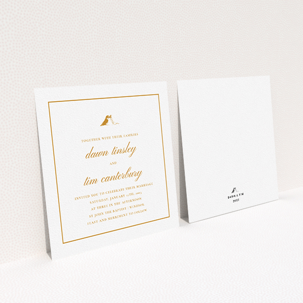 A personalised wedding invitation named "Lovebirds". It is a square (148mm x 148mm) invite in a square orientation. "Lovebirds" is available as a flat invite, with tones of white and orange.