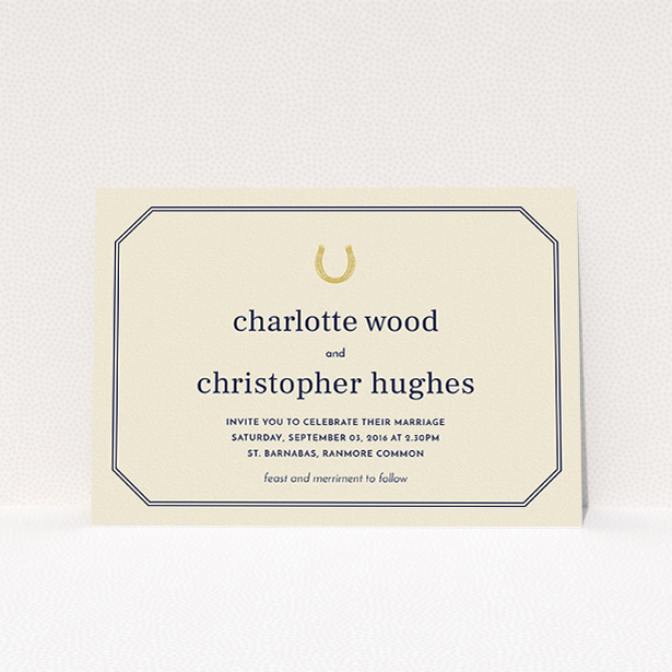 A personalised wedding invitation named "Lucky horse shoe". It is an A5 invite in a landscape orientation. "Lucky horse shoe" is available as a flat invite, with tones of cream and gold.