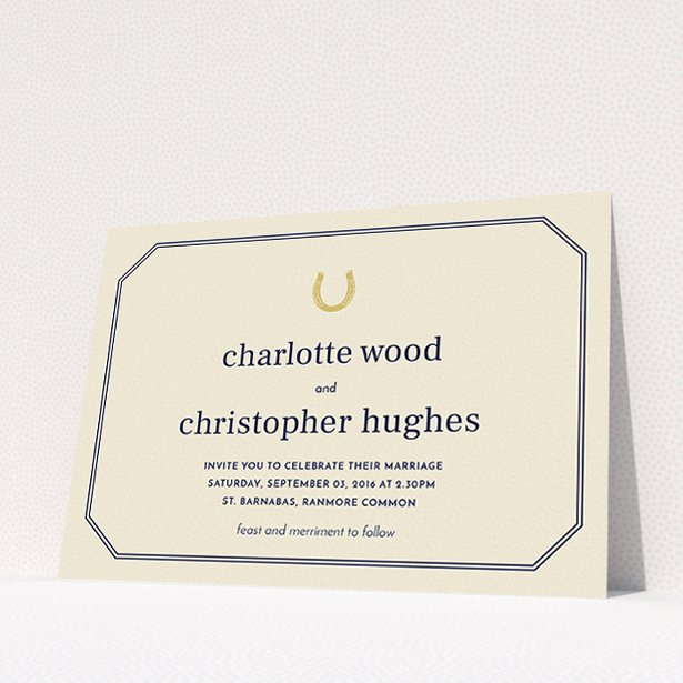 A personalised wedding invitation named "Lucky horse shoe". It is an A5 invite in a landscape orientation. "Lucky horse shoe" is available as a flat invite, with tones of cream and gold.