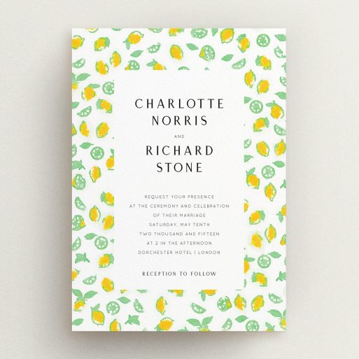 A personalised wedding invitation design named "Madeira". It is an A5 invite in a portrait orientation. "Madeira" is available as a flat invite, with tones of green and yellow.