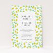 A personalised wedding invitation design named "Madeira". It is an A5 invite in a portrait orientation. "Madeira" is available as a flat invite, with tones of green and yellow.