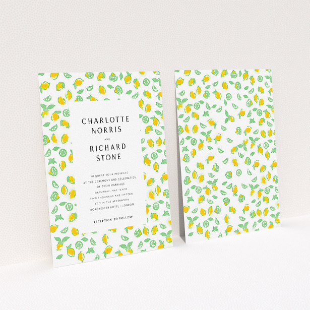 A personalised wedding invitation design named "Madeira". It is an A5 invite in a portrait orientation. "Madeira" is available as a flat invite, with tones of green and yellow.