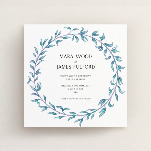 A personalised wedding invitation design called "Marine Wreath". It is a square (148mm x 148mm) invite in a square orientation. "Marine Wreath" is available as a flat invite, with tones of blue and green.