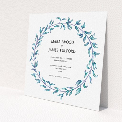 A personalised wedding invitation design called 'Marine Wreath'. It is a square (148mm x 148mm) invite in a square orientation. 'Marine Wreath' is available as a flat invite, with tones of blue and green.