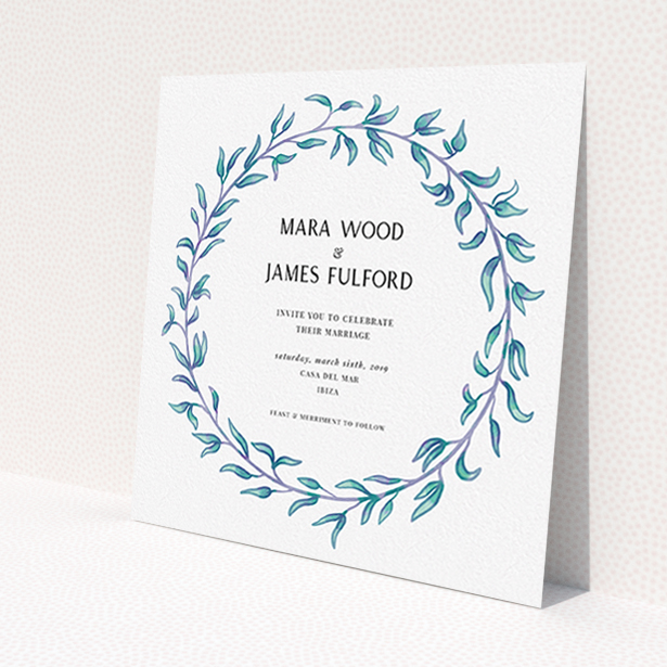 A personalised wedding invitation design called "Marine Wreath". It is a square (148mm x 148mm) invite in a square orientation. "Marine Wreath" is available as a flat invite, with tones of blue and green.
