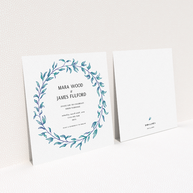 A personalised wedding invitation design called "Marine Wreath". It is a square (148mm x 148mm) invite in a square orientation. "Marine Wreath" is available as a flat invite, with tones of blue and green.