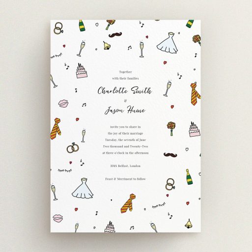 A personalised wedding invitation called "Matrimonial Doodles". It is an A5 invite in a portrait orientation. "Matrimonial Doodles" is available as a flat invite, with tones of white, red and yellow.