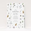 A personalised wedding invitation called "Matrimonial Doodles". It is an A5 invite in a portrait orientation. "Matrimonial Doodles" is available as a flat invite, with tones of white, red and yellow.