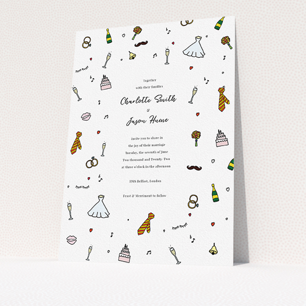 A personalised wedding invitation called "Matrimonial Doodles". It is an A5 invite in a portrait orientation. "Matrimonial Doodles" is available as a flat invite, with tones of white, red and yellow.