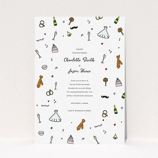A personalised wedding invitation template titled "Matrimonial Doodles". It is an A6 invite in a portrait orientation. "Matrimonial Doodles" is available as a flat invite, with tones of white, red and yellow.
