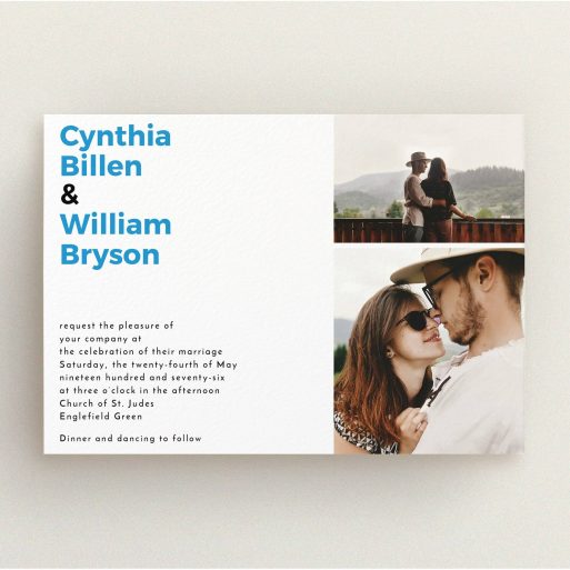 A personalised wedding invitation named "Me plus you". It is an A5 invite in a landscape orientation. It is a photographic personalised wedding invitation with room for 2 photos. "Me plus you" is available as a flat invite, with tones of white and blue.