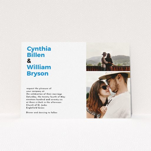 A personalised wedding invitation named "Me plus you". It is an A5 invite in a landscape orientation. It is a photographic personalised wedding invitation with room for 2 photos. "Me plus you" is available as a flat invite, with tones of white and blue.