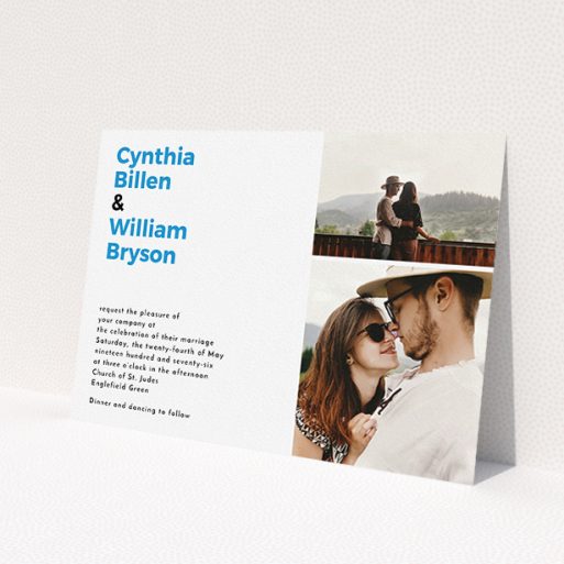 A personalised wedding invitation named 'Me plus you'. It is an A5 invite in a landscape orientation. It is a photographic personalised wedding invitation with room for 2 photos. 'Me plus you' is available as a flat invite, with tones of white and blue.