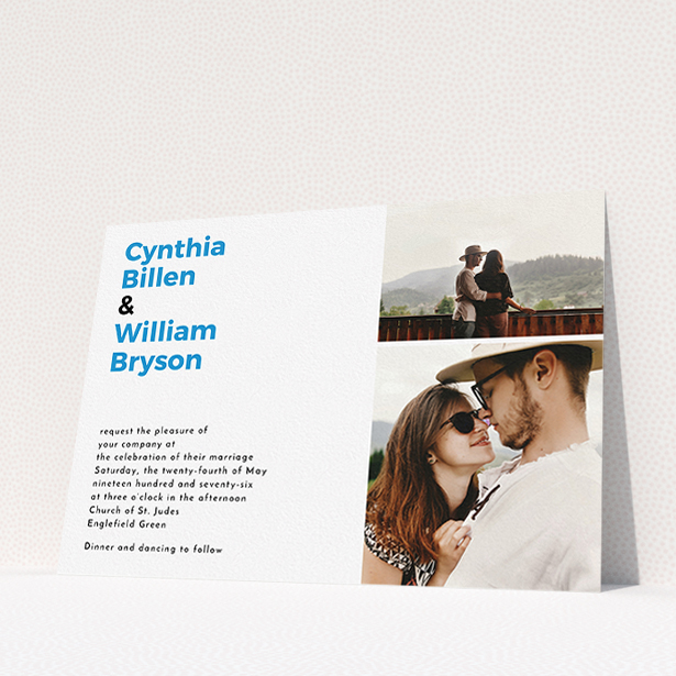 A personalised wedding invitation named "Me plus you". It is an A5 invite in a landscape orientation. It is a photographic personalised wedding invitation with room for 2 photos. "Me plus you" is available as a flat invite, with tones of white and blue.