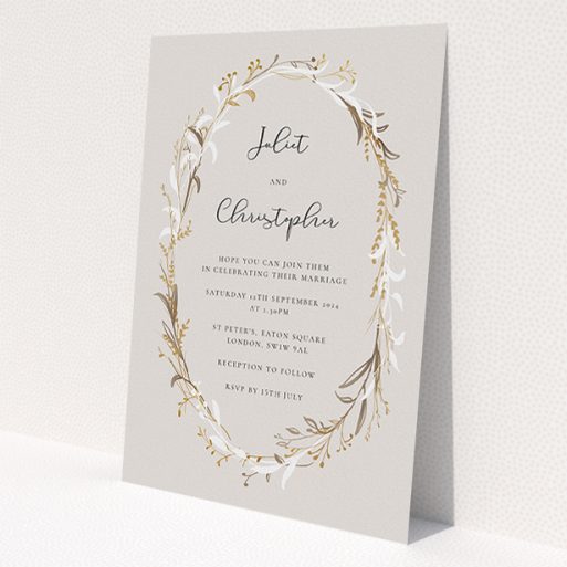 A personalised wedding invitation design called 'Metallic Wreath'. It is an A5 invite in a portrait orientation. 'Metallic Wreath' is available as a flat invite, with tones of dark cream and gold.