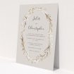 A personalised wedding invitation design called "Metallic Wreath". It is an A5 invite in a portrait orientation. "Metallic Wreath" is available as a flat invite, with tones of dark cream and gold.