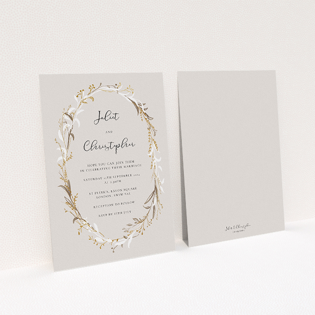 A personalised wedding invitation design called "Metallic Wreath". It is an A5 invite in a portrait orientation. "Metallic Wreath" is available as a flat invite, with tones of dark cream and gold.