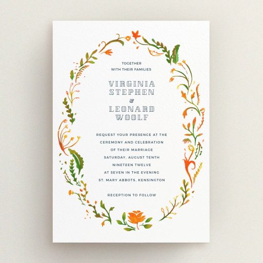 A personalised wedding invitation template titled "Midsummer Wreath". It is an A5 invite in a portrait orientation. "Midsummer Wreath" is available as a flat invite, with tones of orange, green and yellow.