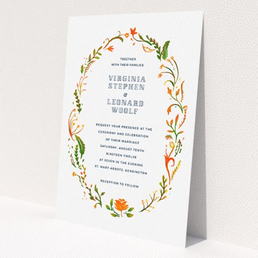 A personalised wedding invitation template titled 'Midsummer Wreath'. It is an A5 invite in a portrait orientation. 'Midsummer Wreath' is available as a flat invite, with tones of orange, green and yellow.