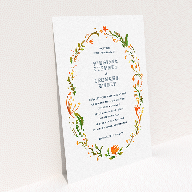 A personalised wedding invitation template titled "Midsummer Wreath". It is an A5 invite in a portrait orientation. "Midsummer Wreath" is available as a flat invite, with tones of orange, green and yellow.