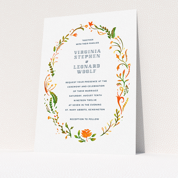 A personalised wedding invitation template titled "Midsummer Wreath". It is an A5 invite in a portrait orientation. "Midsummer Wreath" is available as a flat invite, with tones of orange, green and yellow.