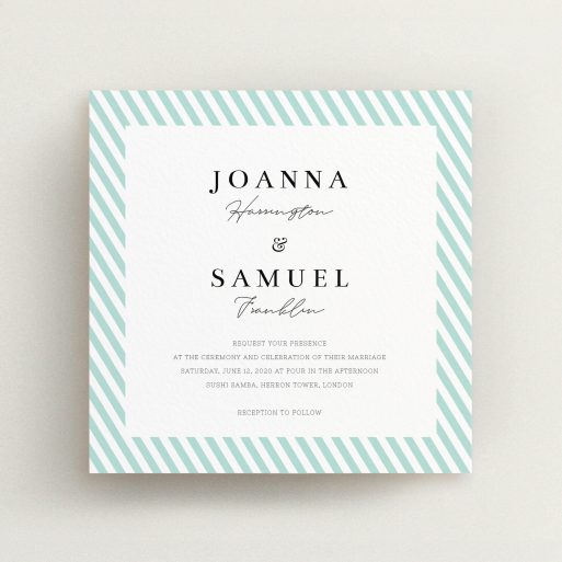 A personalised wedding invitation design named "Mint Diagonals". It is a square (148mm x 148mm) invite in a square orientation. "Mint Diagonals" is available as a flat invite, with tones of green and white.