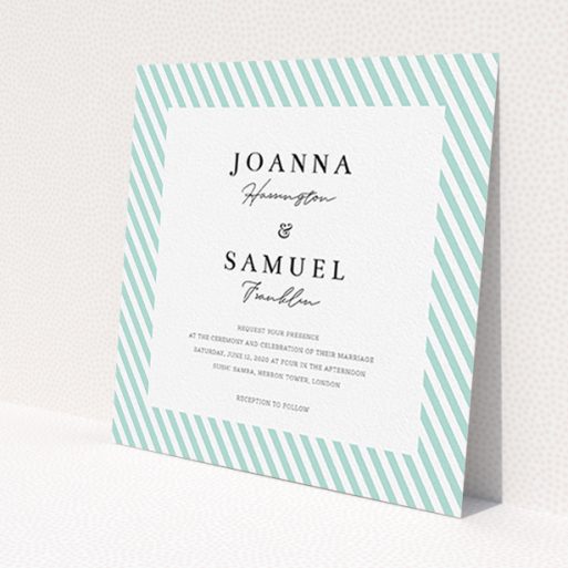 A personalised wedding invitation design named 'Mint Diagonals'. It is a square (148mm x 148mm) invite in a square orientation. 'Mint Diagonals' is available as a flat invite, with tones of green and white.