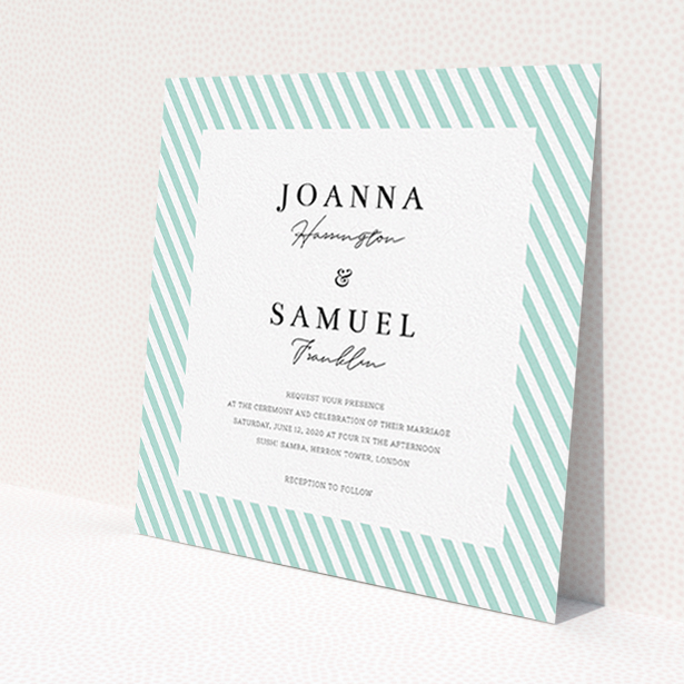 A personalised wedding invitation design named "Mint Diagonals". It is a square (148mm x 148mm) invite in a square orientation. "Mint Diagonals" is available as a flat invite, with tones of green and white.