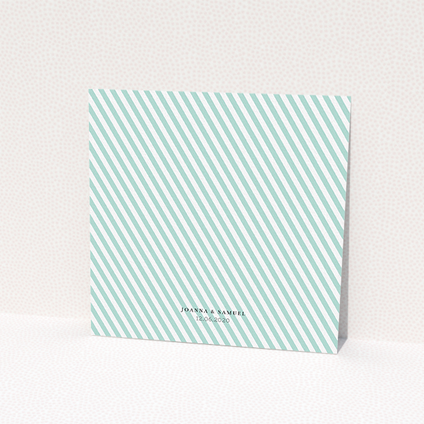 A personalised wedding invitation design named "Mint Diagonals". It is a square (148mm x 148mm) invite in a square orientation. "Mint Diagonals" is available as a flat invite, with tones of green and white.
