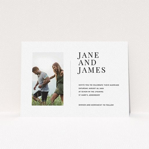 A personalised wedding invitation design named "Modern postcard". It is an A6 invite in a landscape orientation. It is a photographic personalised wedding invitation with room for 1 photo. "Modern postcard" is available as a flat invite, with mainly white colouring.
